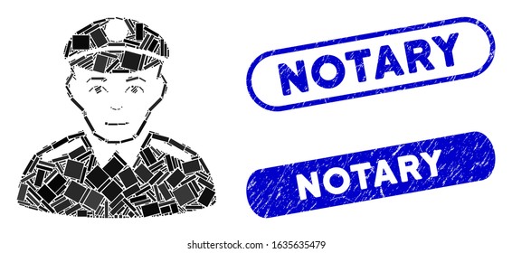 Mosaic soldier and rubber stamp seals with Notary phrase. Mosaic vector soldier is created with scattered rectangle items. Notary seals use blue color, and have round rectangle shape.