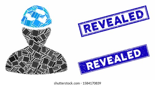 Mosaic soldier under spotted helmet icon and rectangular Revealed seal stamps. Flat vector soldier under spotted helmet mosaic icon of scattered rotated rectangular elements.