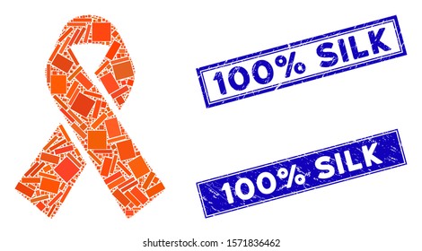 Mosaic solidarity ribbon icon and rectangular 100% Silk watermarks. Flat vector solidarity ribbon mosaic pictogram of random rotated rectangular elements.