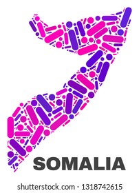 Mosaic Somalia map isolated on a white background. Vector geographic abstraction in pink and violet colors. Mosaic of Somalia map combined of random circle points and lines.