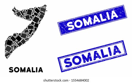 Mosaic Somalia map and rectangular stamps. Flat vector Somalia map mosaic of scattered rotated rectangular items. Blue caption rubber stamps with grunge texture.