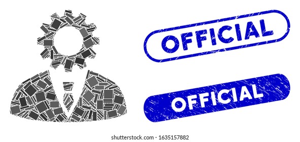 Mosaic soulless official bureaucrat and grunge stamp watermarks with Official text. Mosaic vector soulless official bureaucrat is created with scattered rectangles.