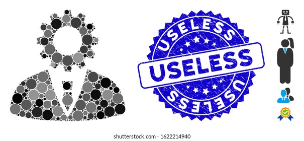 Mosaic soulless official bureaucrat icon and rubber stamp seal with Useless caption. Mosaic vector is designed with soulless official bureaucrat icon and with random round elements.