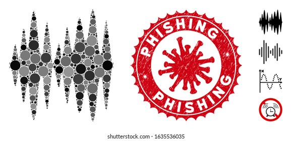 Mosaic sound signal icon and red round distressed stamp seal with Phishing text and coronavirus symbol. Mosaic vector is formed with sound signal icon and with scattered round elements.