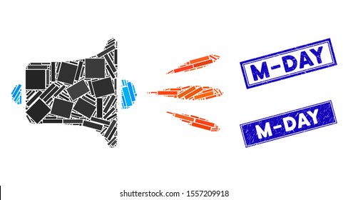 Mosaic sound speaker icon and rectangle watermarks. Flat vector sound speaker mosaic icon of scattered rotated rectangle elements. Blue caption watermarks with grunged surface.
