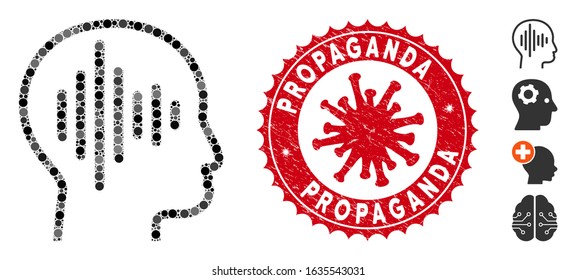 Mosaic sound thinking icon and red round distressed stamp seal with Propaganda phrase and coronavirus symbol. Mosaic vector is designed from sound thinking icon and with randomized circle items.