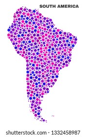 Mosaic South America map isolated on a white background. Vector geographic abstraction in pink and violet colors. Mosaic of South America map combined of random spheric items.