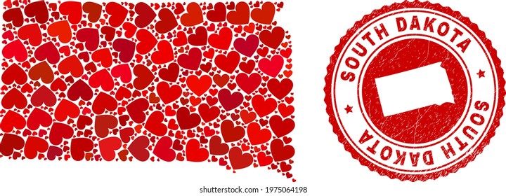 Mosaic South Dakota State map formed with red love hearts, and grunge seal stamp. Vector lovely round red rubber seal stamp imprint with South Dakota State map inside.