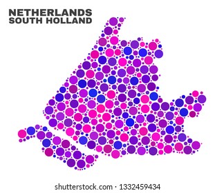 Mosaic South Holland map isolated on a white background. Vector geographic abstraction in pink and violet colors. Mosaic of South Holland map combined of scattered circle elements.