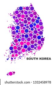 Mosaic South Korea map isolated on a white background. Vector geographic abstraction in pink and violet colors. Mosaic of South Korea map combined of scattered round items.