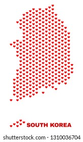 Mosaic South Korea map of love hearts in red color isolated on a white background. Regular red heart pattern in shape of South Korea map. Abstract design for Valentine decoration.