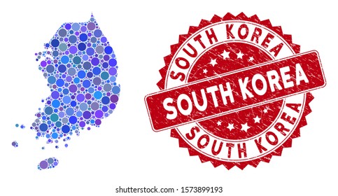 Mosaic South Korea map and round seal stamp. Flat vector South Korea map mosaic of random circle items. Red seal stamp with corroded texture. Designed for political and patriotic collages.