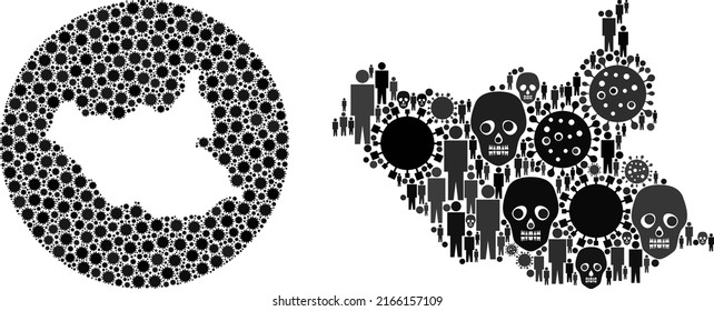 Mosaic South Sudan map constructed from covid infection items and humans and mortal items. Sick virus South Sudan map mosaic composed with sphere and subtracted space.