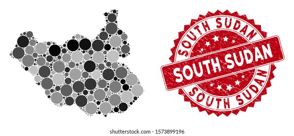 Mosaic South Sudan map and round rubber print. Flat vector South Sudan map mosaic of random round items. Red rubber seal with grunge surface. Designed for political and patriotic agitprop.