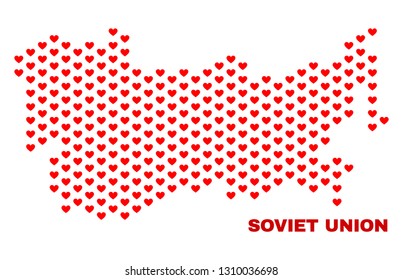 Mosaic Soviet Union map of heart hearts in red color isolated on a white background. Regular red heart pattern in shape of Soviet Union map. Abstract design for Valentine illustrations.