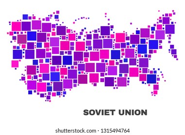 Mosaic Soviet Union map isolated on a white background. Vector geographic abstraction in pink and violet colors. Mosaic of Soviet Union map combined of scattered square elements.