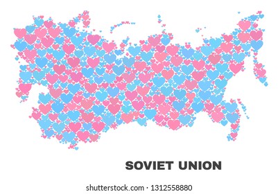 Mosaic Soviet Union map of valentine hearts in pink and blue colors isolated on a white background. Lovely heart collage in shape of Soviet Union map. Abstract design for Valentine decoration.