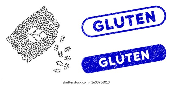 Mosaic sow seed pack and corroded stamp seals with Gluten text. Mosaic vector sow seed pack is formed with random oval pieces. Gluten stamp seals use blue color, and have round rectangle shape.