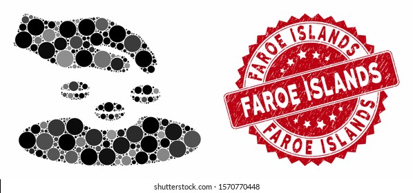 Mosaic sow seeds and corroded stamp watermark with Faroe Islands phrase. Mosaic vector is composed with sow seeds icon and with scattered circle items. Faroe Islands stamp uses red color,