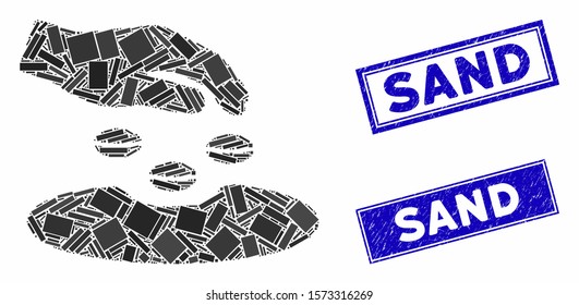 Mosaic sow seeds icon and rectangular Sand stamps. Flat vector sow seeds mosaic icon of scattered rotated rectangular items. Blue Sand rubber stamps with scratched textures.