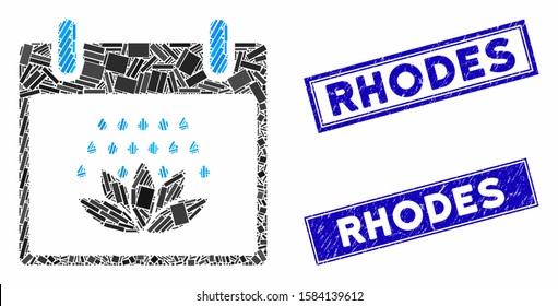 Mosaic spa shower calendar day pictogram and rectangle Rhodes seal stamps. Flat vector spa shower calendar day mosaic pictogram of random rotated rectangular items.