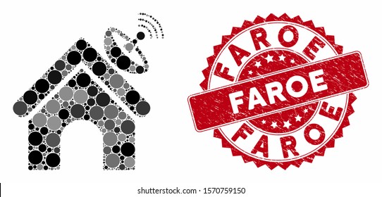 Mosaic space antenna building and corroded stamp watermark with Faroe phrase. Mosaic vector is designed with space antenna building icon and with random round items. Faroe stamp seal uses red color,