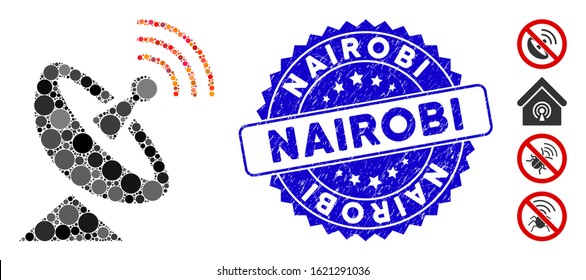 Mosaic space antenna icon and rubber stamp watermark with Nairobi text. Mosaic vector is composed with space antenna icon and with randomized spheric spots. Nairobi seal uses blue color,