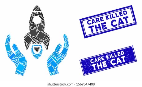 Mosaic space rocket care hands icon and rectangular rubber prints. Flat vector space rocket care hands mosaic icon of scattered rotated rectangular elements.  