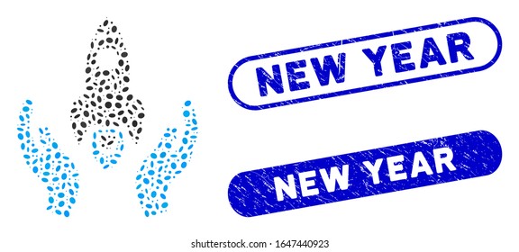 Mosaic space rocket care hands and rubber stamp watermarks with New Year caption. Mosaic vector space rocket care hands is composed with randomized ellipse pieces. New Year stamp seals use blue color,