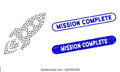 Mosaikraumrakete und korrodierte Stempeldichtungen mit Mission Complete text. Die Raumrakete der Mosaik-Vektorillustration ist mit verstreuten Ellipsenelementen konzipiert. Mission Complete Stempel-Siegel verwenden blaue Farbe;
