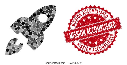 Mosaic space rocket and grunge stamp seal with Mission Accomplished phrase. Mosaic vector is created with space rocket icon and with randomized circle spots.