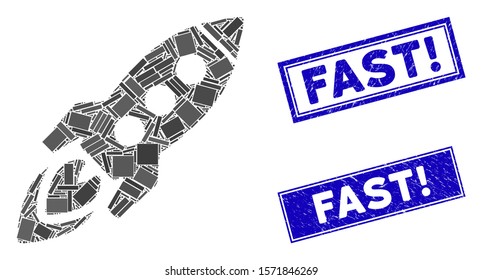 Mosaic space rocket icon and rectangle Fast! rubber prints. Flat vector space rocket mosaic icon of random rotated rectangular elements. Blue Fast! seal stamps with rubber texture.