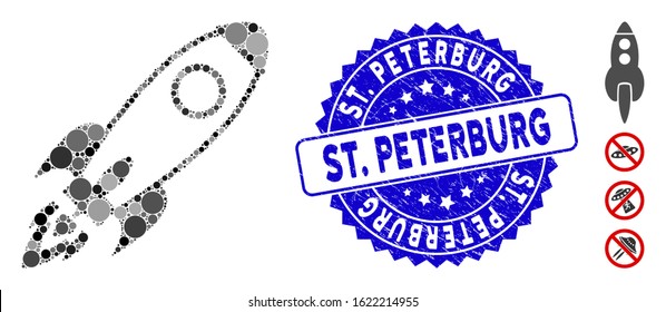 Mosaic space rocket icon and rubber stamp watermark with St. Peterburg caption. Mosaic vector is formed with space rocket icon and with randomized spheric elements. St.