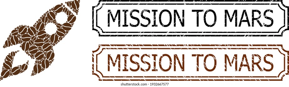Mosaic space rocket launch designed from coffee beans, and grunge Mission to Mars rectangle seals with notches.