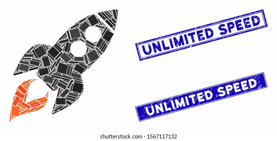 Mosaic space rocket launch icon and rectangular watermarks. Flat vector space rocket launch mosaic icon of random rotated rectangular items. Blue caption watermarks with scratched texture.