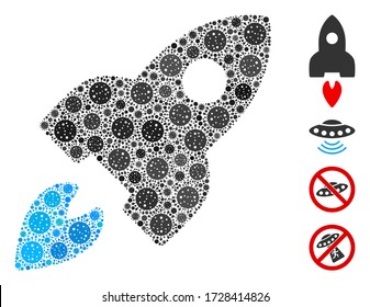 Mosaic space rocket organized from covid-2019 virus icons in random sizes and color hues. Vector viral icons are organized into abstract mosaic space rocket icon. Some bonus icons are added.