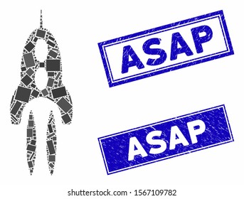 Mosaic space rocket pictogram and rectangle seal stamps. Flat vector space rocket mosaic pictogram of random rotated rectangle elements. Blue caption rubber stamps with distress texture.