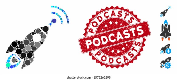 Mosaic space rocket radio translation icon and grunge stamp watermark with Podcasts phrase. Mosaic vector is formed with space rocket radio translation pictogram and with random circle elements.
