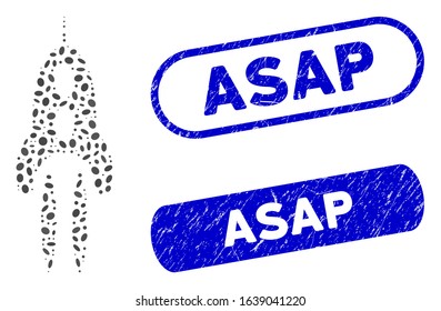 Mosaic space rocket and rubber stamp watermarks with Asap caption. Mosaic vector space rocket is formed with random oval pieces. Asap stamp seals use blue color, and have round rectangle shape.