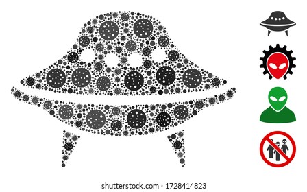 Mosaic space ship organized from flu virus icons in different sizes and color hues. Vector pathogen icons are arranged into abstract collage space ship icon. Some bonus icons are added.