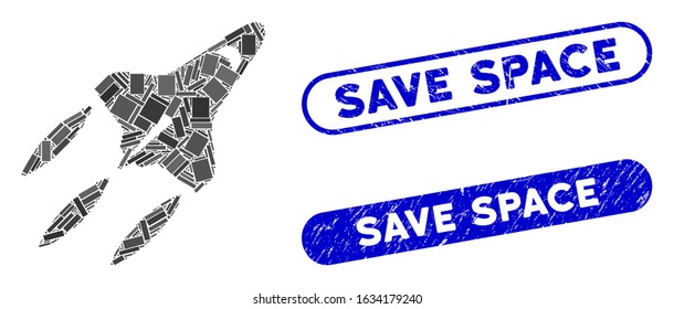 Mosaic space shuttle and corroded stamp seals with Save Space phrase. Mosaic vector space shuttle is created with scattered rectangle items. Save Space seals use blue color,