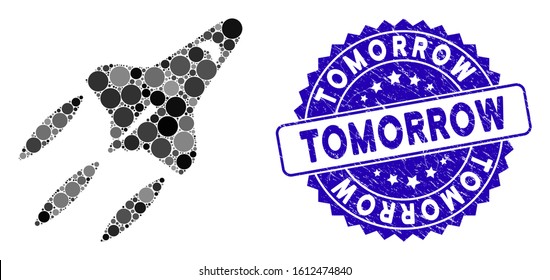 Mosaic space shuttle icon and grunge stamp watermark with Tomorrow text. Mosaic vector is formed with space shuttle icon and with random circle spots. Tomorrow stamp seal uses blue color,