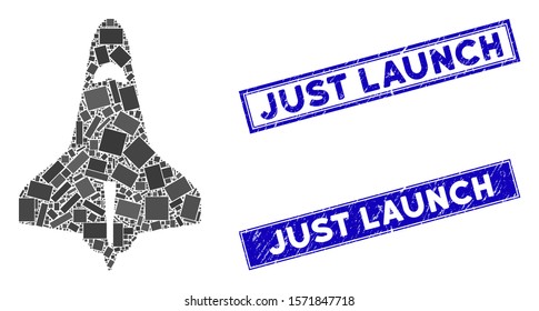 Mosaic space shuttle icon and rectangle Just Launch watermarks. Flat vector space shuttle mosaic icon of randomized rotated rectangle items. Blue Just Launch watermarks with grunge textures.