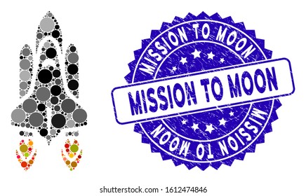 Mosaic space shuttle launch icon and grunge stamp seal with Mission to Moon phrase. Mosaic vector is composed with space shuttle launch icon and with random circle elements.