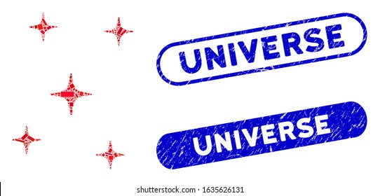 Mosaic space stars and corroded stamp seals with Universe caption. Mosaic vector space stars is formed with randomized rectangle items. Universe stamp seals use blue color,