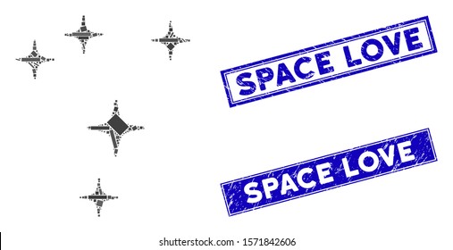 Mosaic space stars icon and rectangular Space Love seal stamps. Flat vector space stars mosaic pictogram of randomized rotated rectangular items. Blue Space Love seal stamps with distress surface.