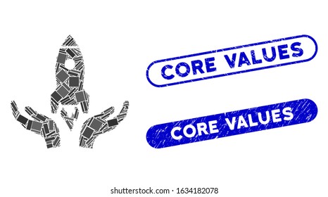 Mosaic space startup support hands and rubber stamp watermarks with Core Values text. Mosaic vector space startup support hands is formed with scattered rectangles.
