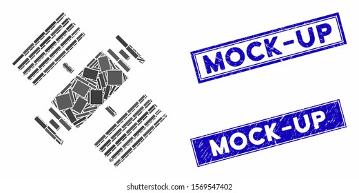 Mosaic space station pictogram and rectangle stamps. Flat vector space station mosaic icon of random rotated rectangle items. Blue caption stamps with distress textures.