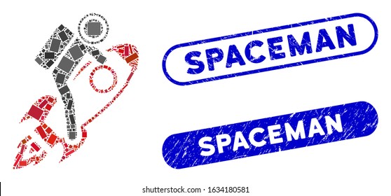 Mosaic spaceman and grunge stamp seals with Spaceman phrase. Mosaic vector spaceman is designed with randomized rectangle items. Spaceman stamp seals use blue color, and have round rectangle shape.