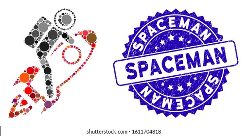 Mosaic spaceman icon and rubber stamp watermark with Spaceman caption. Mosaic vector is designed with spaceman icon and with random round items. Spaceman stamp seal uses blue color,